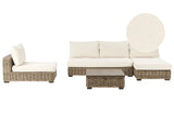 Left Hand Garden Conversation Set Grey Wicker Rattan Wood Mahogany White Cushions Indoor Outdoor Sofa Set with Coffee Table Beliani