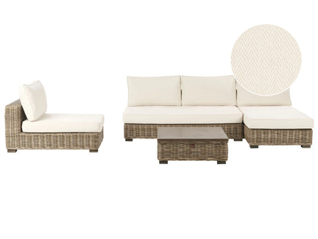 Left Hand Garden Conversation Set Grey Wicker Rattan Wood Mahogany White Cushions Indoor Outdoor Sofa Set with Coffee Table Beliani
