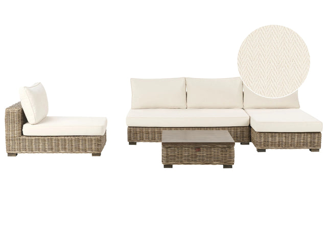 Left Hand Garden Conversation Set Grey Wicker Rattan Wood Mahogany White Cushions Indoor Outdoor Sofa Set with Coffee Table Beliani