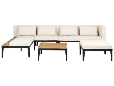 Right Hand 4 Seater Garden Corner Sofa Set with Ottoman Light Certified Acacia Wood Light Beige Cushions with Coffee Table Beliani