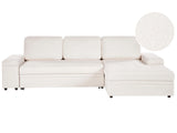 Corner Sofa Bed White Boucle Upholstered Left Hand Orientation with Storage Bed Beliani