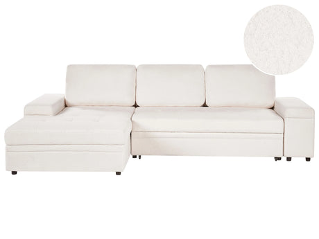 Corner Sofa Bed White Boucle Upholstered Right Hand Orientation with Storage Bed Beliani