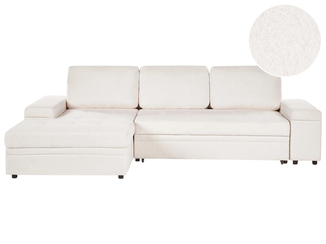 Corner Sofa Bed White Boucle Upholstered Right Hand Orientation with Storage Bed Beliani
