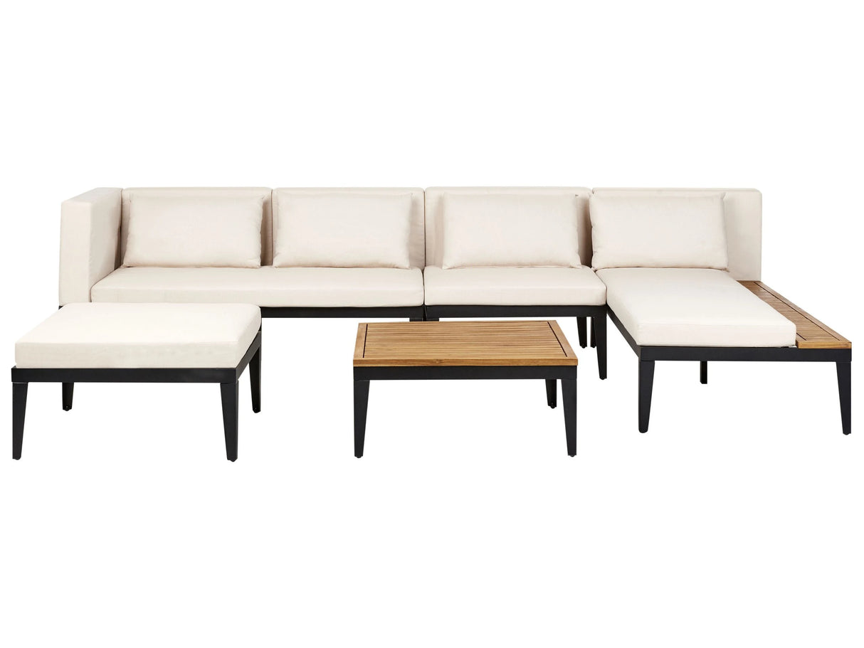 Left Hand 4 Seater Garden Corner Sofa Set with Ottoman Light Certified Acacia Wood  Light Beige Cushions with Coffee Table Beliani