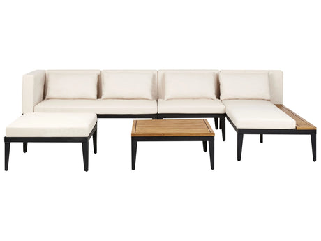 Left Hand 4 Seater Garden Corner Sofa Set with Ottoman Light Certified Acacia Wood  Light Beige Cushions with Coffee Table Beliani