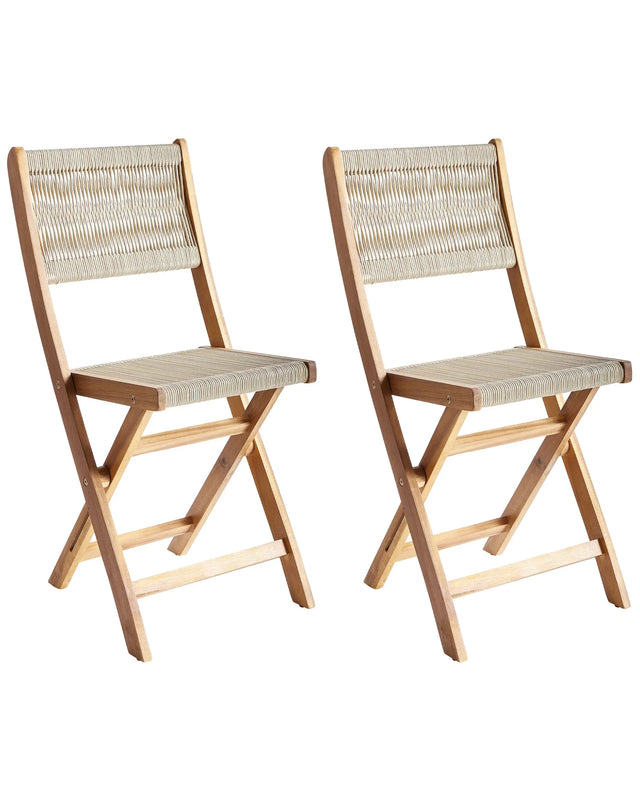 Set of 2 Garden Chairs Beige Acacia Wood Polyester Rope Folding Outdoor Patio Armless Classic Timeless Style Beliani