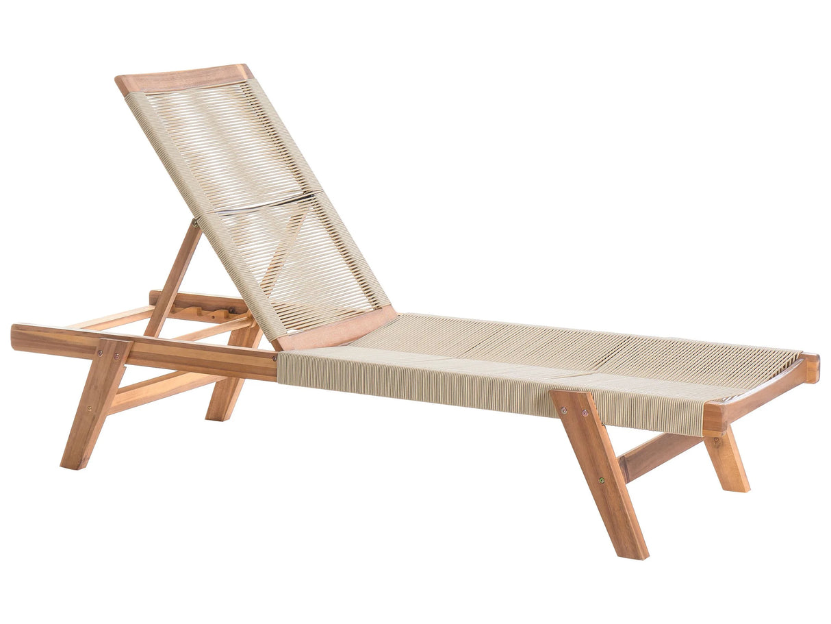 Garden Sun Lounger Beige Acacia Wood Reclining Rope Outdoor Patio Beliani