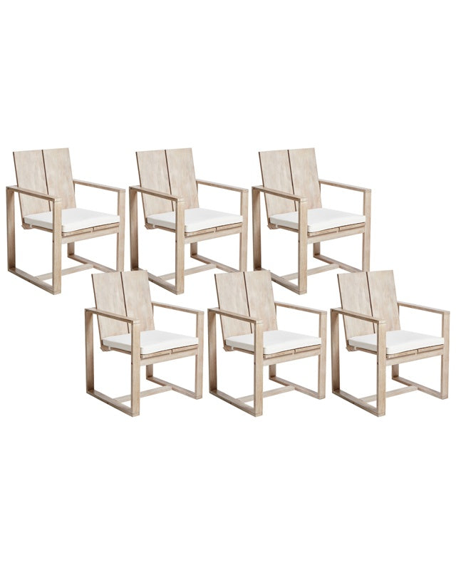 Set of 6 Garden Chairs Light Acacia Wood Outdoor with Armrests Rustic Mediterranean Style Beliani