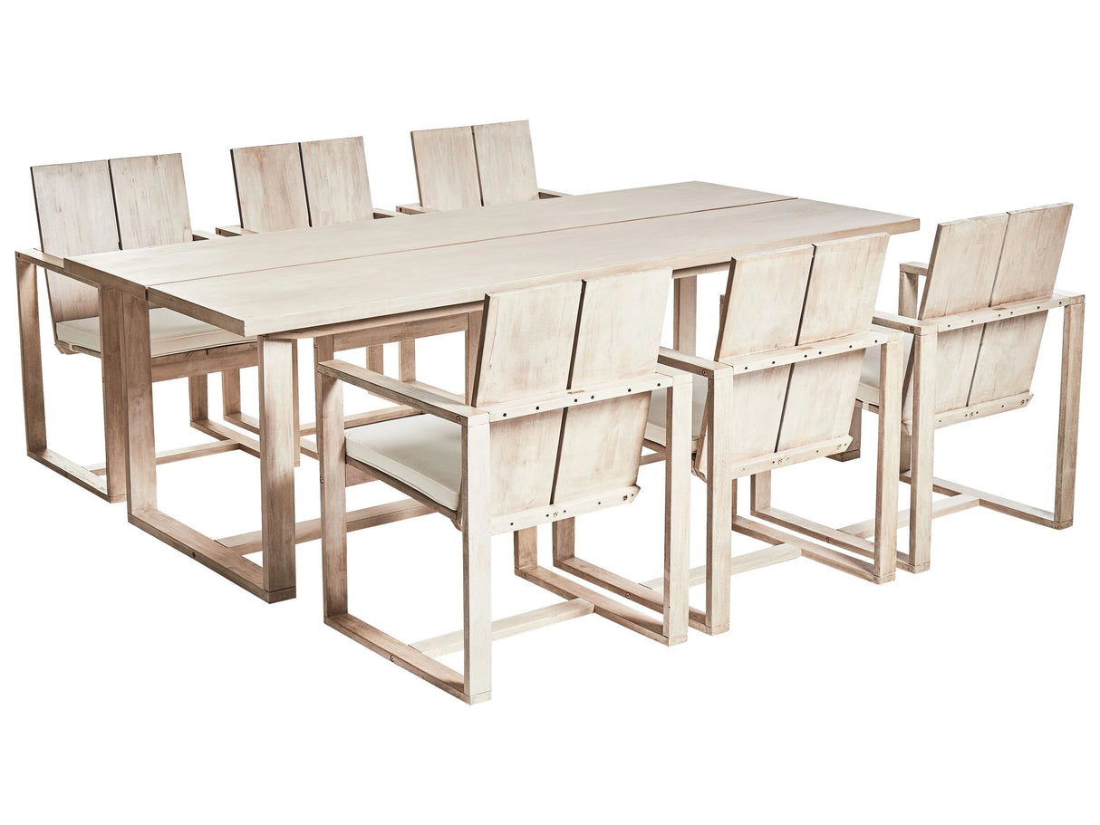 Garden Dining Set Light Acacia Wood Table 230 x 100 cm 6 Seater Outdoor Chairs with Armrests Off-White Cushions Rustic Style Beliani