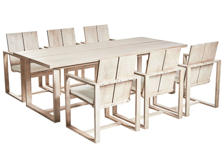 Garden Dining Set Light Acacia Wood Table 230 x 100 cm 6 Seater Outdoor Chairs with Armrests Off-White Cushions Rustic Style Beliani