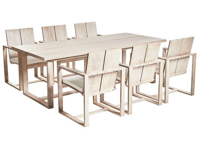Garden Dining Set Light Acacia Wood Table 230 x 100 cm 6 Seater Outdoor Chairs with Armrests Off-White Cushions Rustic Style Beliani