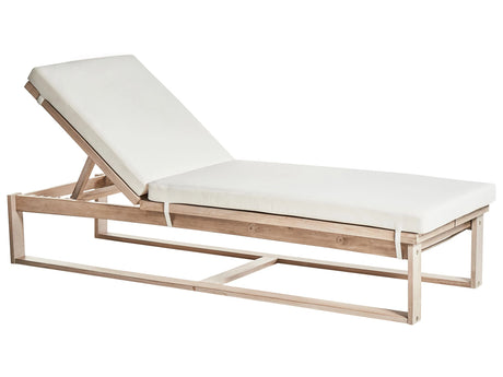 Garden Sun Lounger Light Acacia Wood with Off-White Cushion Outdoor Weather Resistant Reclining Beliani