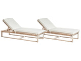 Set of 2 Garden Sun Loungers Light Acacia Wood with Off-White Cushions Outdoor Weather Resistant Reclining Beliani