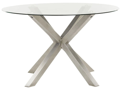 Garden Dining Table Silver Stainless Steel Frame Legs Transparent Glass Top Round  120 cm Outdoor Modern Beliani