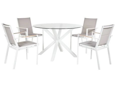 4 Seater Garden Dining Set White Aluminium Round Table with Transparent Glass Top Slatted Chairs Modern Design Beliani