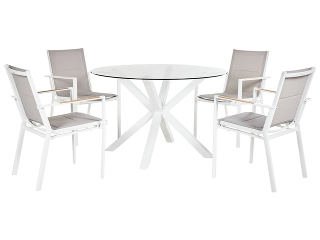 4 Seater Garden Dining Set White Aluminium Round Table with Transparent Glass Top Slatted Chairs Modern Design Beliani