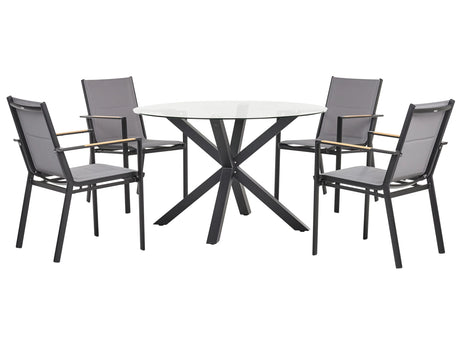 4-sits Matgrupp fr Trdgrd Vit Aluminium Runt Bord med Transparent Glasskiva Lamellstolar Modern Design Beliani