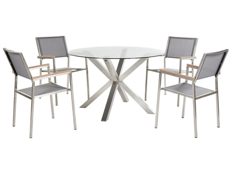 Garden Dining Set Silver Stainless Steel Transparent Glass Table Top 4 Seater Outdoor Furniture Modern Beliani