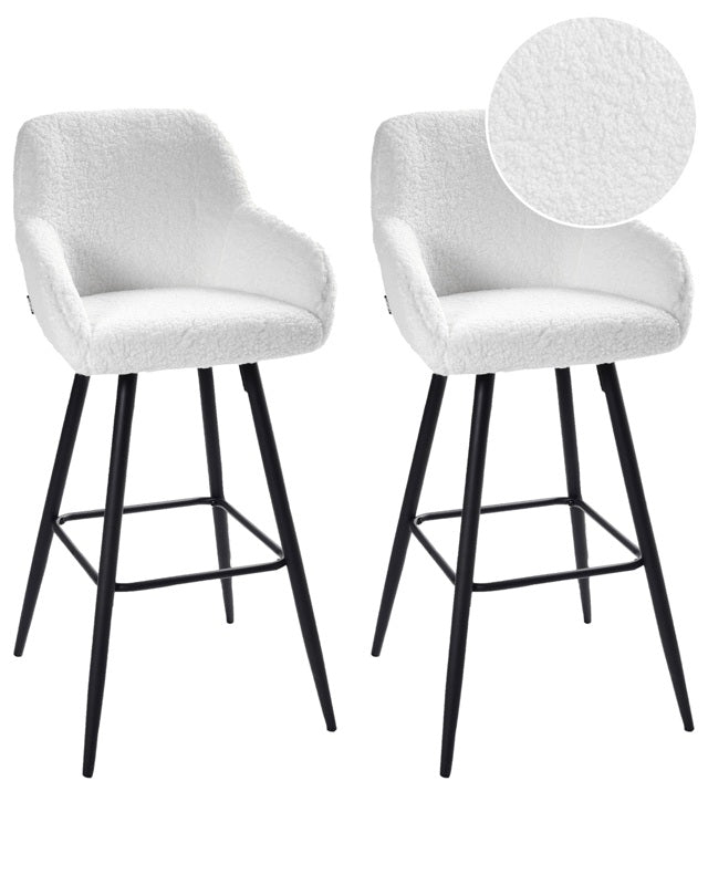 Set of 2 Bar Stool Off-White Boucle Teddy Fabric Upholstered With Arms Backrest Black Metal Legs Beliani