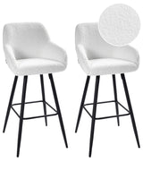 Set of 2 Bar Stool Off-White Boucle Teddy Fabric Upholstered With Arms Backrest Black Metal Legs Beliani