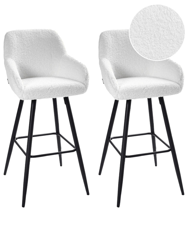Set of 2 Bar Stool Off-White Boucle Teddy Fabric Upholstered With Arms Backrest Black Metal Legs Beliani