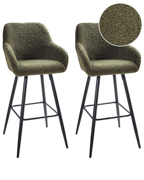 Set of 2 Bar Stool Green Boucle Teddy Fabric Upholstered With Arms Backrest Black Metal Legs Beliani