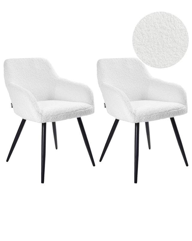 Set of 2 Dining Chairs Off-White Boucle Teddy Fabric Seats Metal Legs for Dining Room Kitchen Beliani