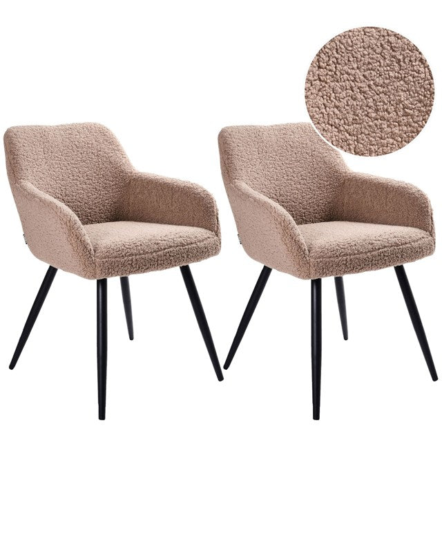 Set of 2 Dining Chairs Taupe Boucle Teddy Fabric Seats Metal Legs for Dining Room Kitchen Beliani