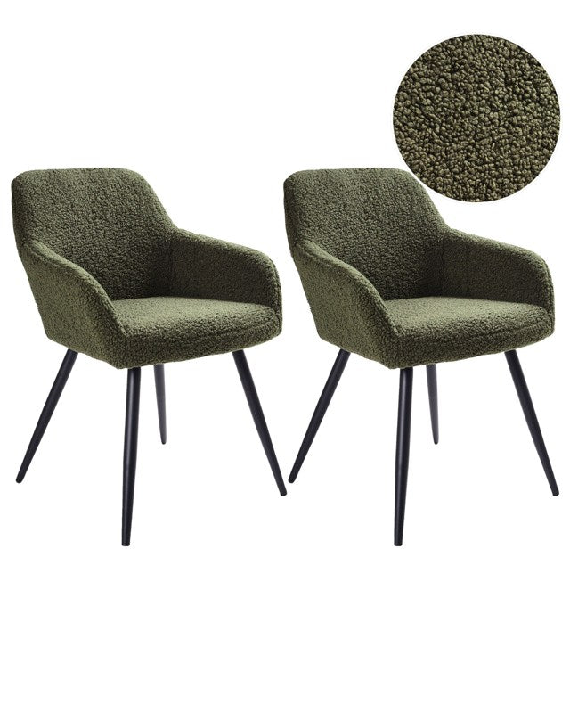 Set of 2 Dining Chairs Green Boucle Teddy Fabric Seats Metal Legs for Dining Room Kitchen Beliani