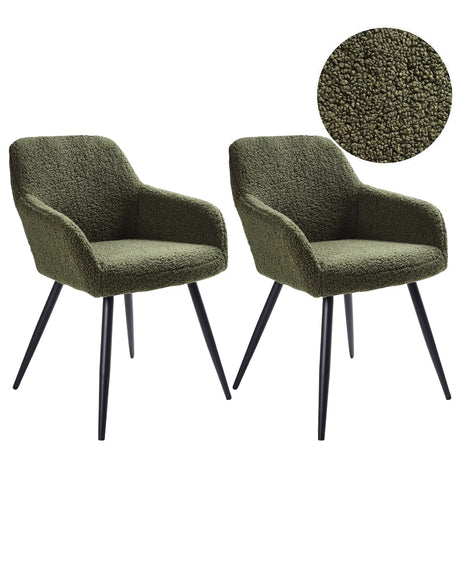 Set of 2 Dining Chairs Dark Green Boucle Teddy Fabric Seats Metal Legs for Dining Room Kitchen Beliani