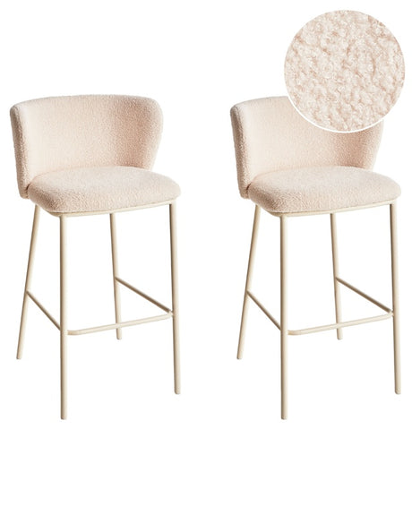 Set of 2 Bar Chairs Beige Boucle Upholstery Black Metal Legs Armless Stools Curved Backrest Modern Dining Room Kitchen Beliani