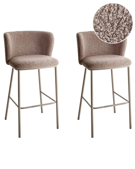 Set of 2 Bar Chairs Brown Boucle Upholstery Black Metal Legs Armless Stools Curved Backrest Modern Dining Room Kitchen Beliani