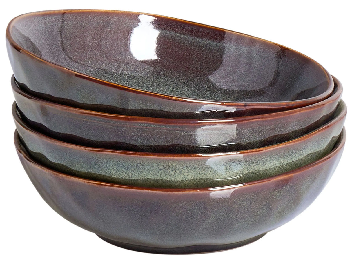 Set of 4 Deep Plates Dark Green Stoneware Kaolin Handmade Reactive Glaze Finish Pasta Bowls Kitchen Dining Room Beliani