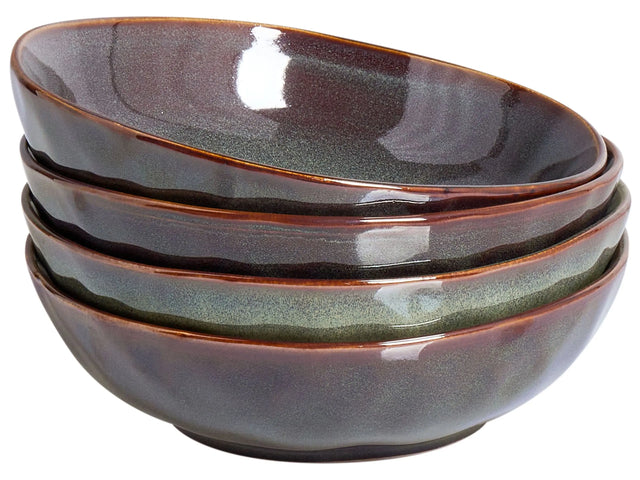 Set of 4 Deep Plates Dark Green Stoneware Kaolin Handmade Reactive Glaze Finish Pasta Bowls Kitchen Dining Room Beliani