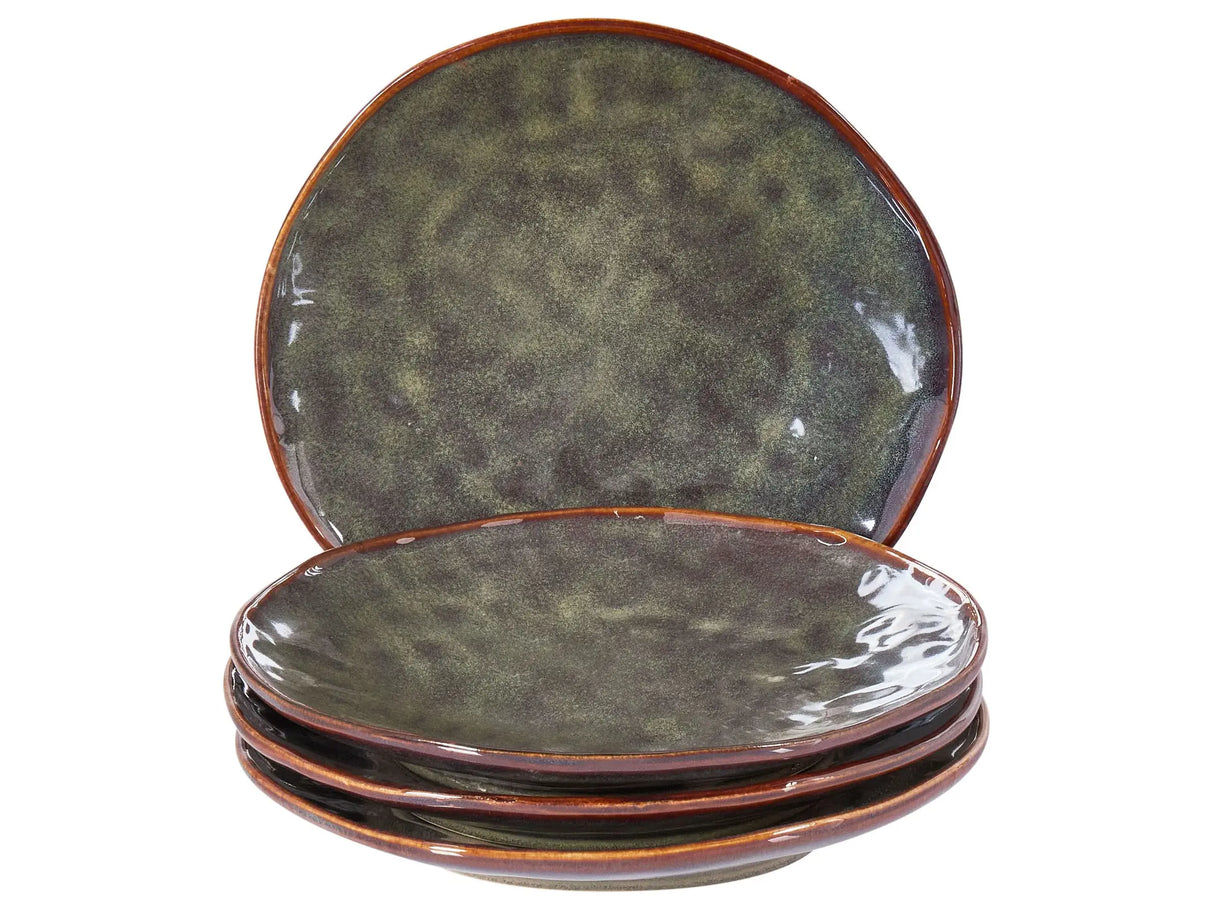 Set of 4 Side Plates Dark Green Stoneware Kaolin Handmade Reactive Glaze Finish Dessert Plate Kitchen Dining Room Beliani