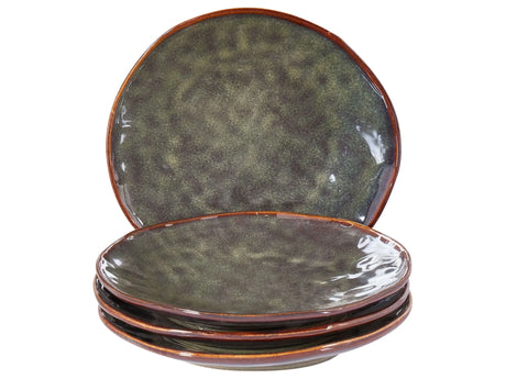 Set of 4 Side Plates Dark Green Stoneware Kaolin Handmade Reactive Glaze Finish Dessert Plate Kitchen Dining Room Beliani