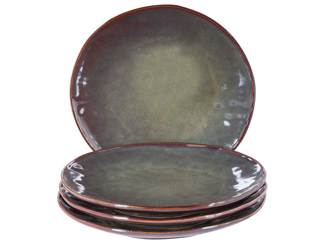 Set of 4 Side Plates Dark Green Stoneware Kaolin Handmade Reactive Glaze Finish Dessert Plate Kitchen Dining Room Beliani