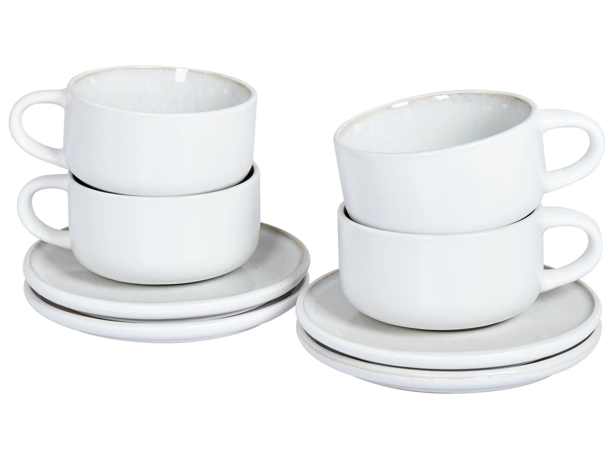 Set of 4 Cups with Saucers White Stoneware Kaolin Handmade Reactive Glaze Finish Service for 4 People Tea Coffee Kitchen Dining Room Beliani