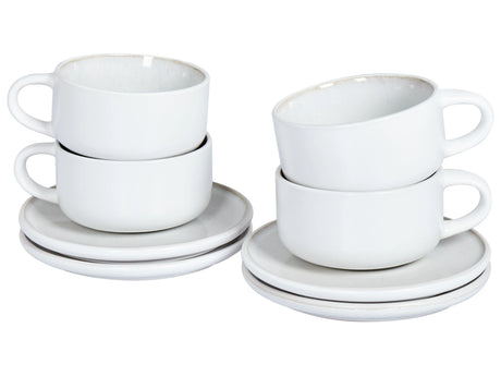 Set of 4 Cups with Saucers White Stoneware Kaolin Handmade Reactive Glaze Finish Service for 4 People Tea Coffee Kitchen Dining Room Beliani