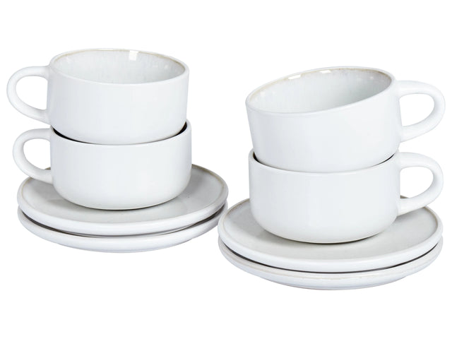 Set of 4 Cups with Saucers White Stoneware Kaolin Handmade Reactive Glaze Finish Service for 4 People Tea Coffee Kitchen Dining Room Beliani