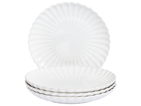 Set of 4 Dinner Plates White Stoneware Kaolin Handmade Reactive Glaze Finish Dessert Plate Kitchen Dining Room Beliani