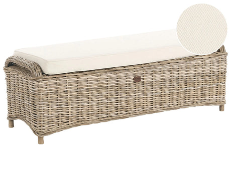 2 Seater Garden Ottoman Natural Rattan White Off-White Cushions 140 cm Outdoor Indoor Boho Style Garden Patio Balcony Beliani