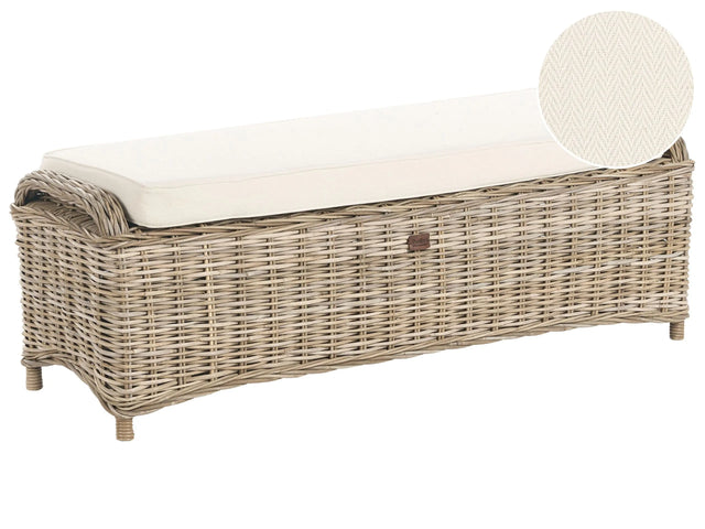 2 Seater Garden Ottoman Natural Rattan White Off-White Cushions 140 cm Outdoor Indoor Boho Style Garden Patio Balcony Beliani