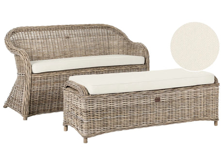 Garden Bench 150 cm with Ottoman Natural Rattan White Off-White Cushions Outdoor Indoor Boho Style Garden Patio Balcony Beliani