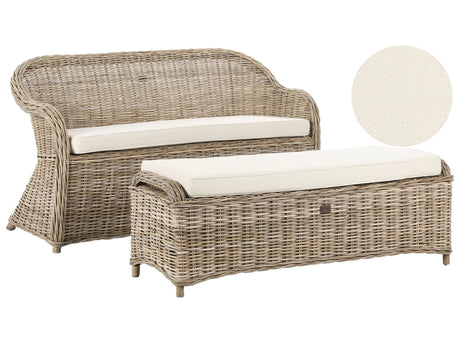 Garden Bench 141 cm with Ottoman Natural Rattan White Off-White Cushions Outdoor Indoor Boho Style Garden Patio Balcony Beliani