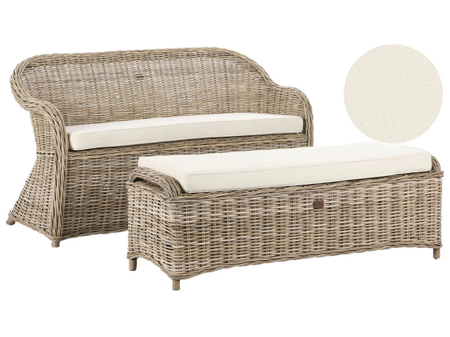 Garden Bench 141 cm with Ottoman Natural Rattan White Off-White Cushions Outdoor Indoor Boho Style Garden Patio Balcony Beliani
