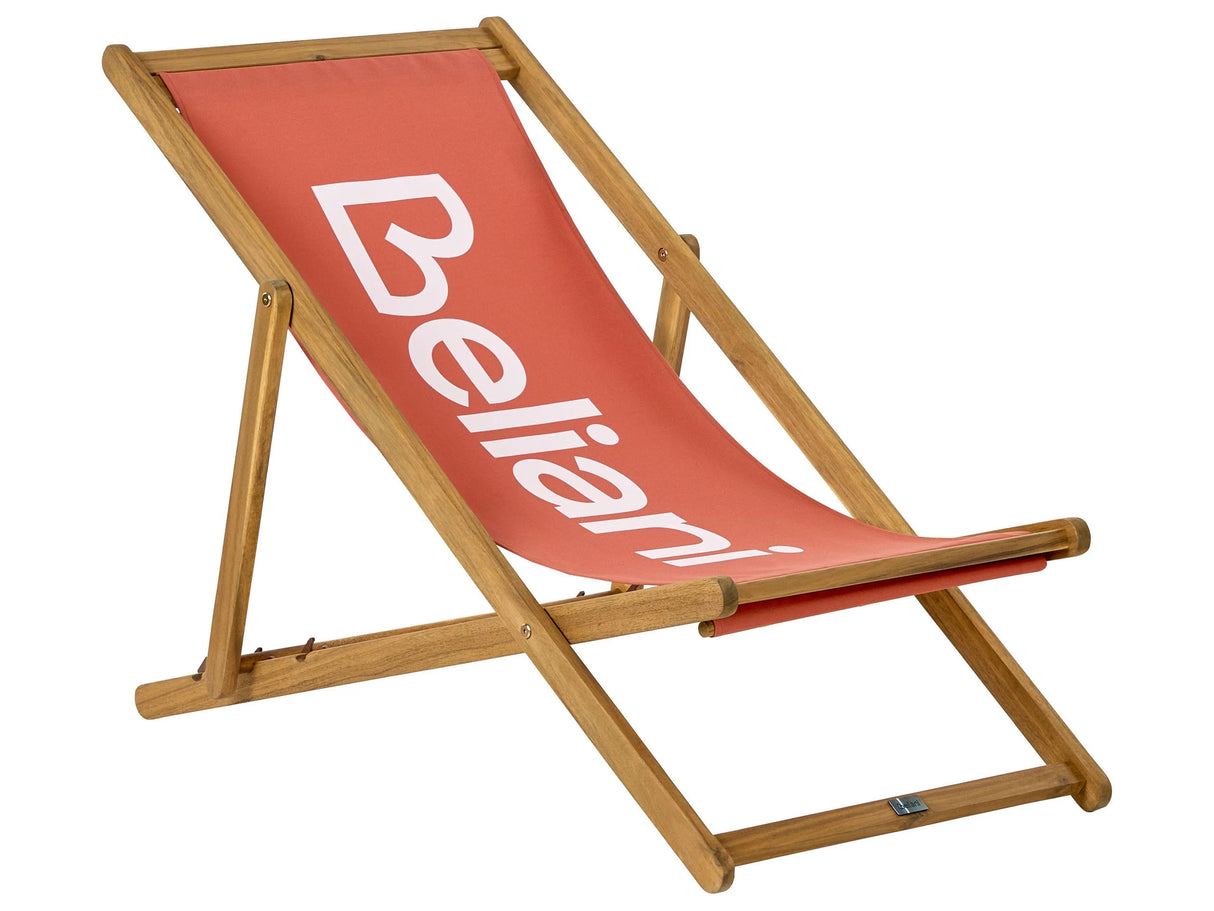 Garden Deck Chair Red Fabric Light Acacia Wood Frame Reclining Folding Sun Lounger Beliani