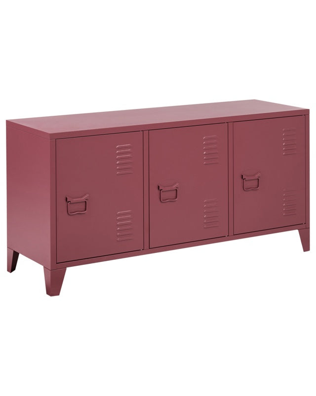 3 Door Sideboard Dark Red Steel Adjustable Shelves Ventilation Slots Leg Caps Cable Management TV Stand Home Office Furniture Industrial Design Beliani