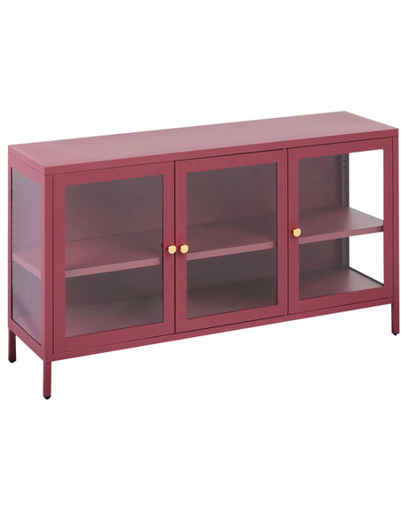3 Door Sideboard Dark Red Steel Tempered Glass Adjustable Shelves Leg Caps Living Room Furniture Modern Design Beliani