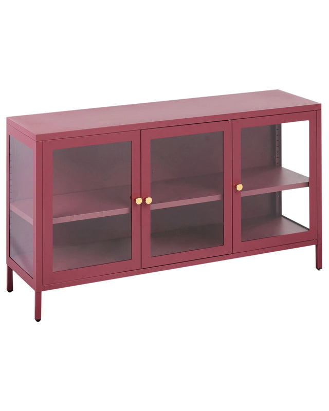 3 Door Sideboard Dark Red Steel Tempered Glass Adjustable Shelves Leg Caps Living Room Furniture Modern Design Beliani